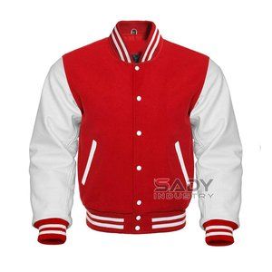Varsity Letterman Red wool & White Leather Jacket, Bomber Jacket